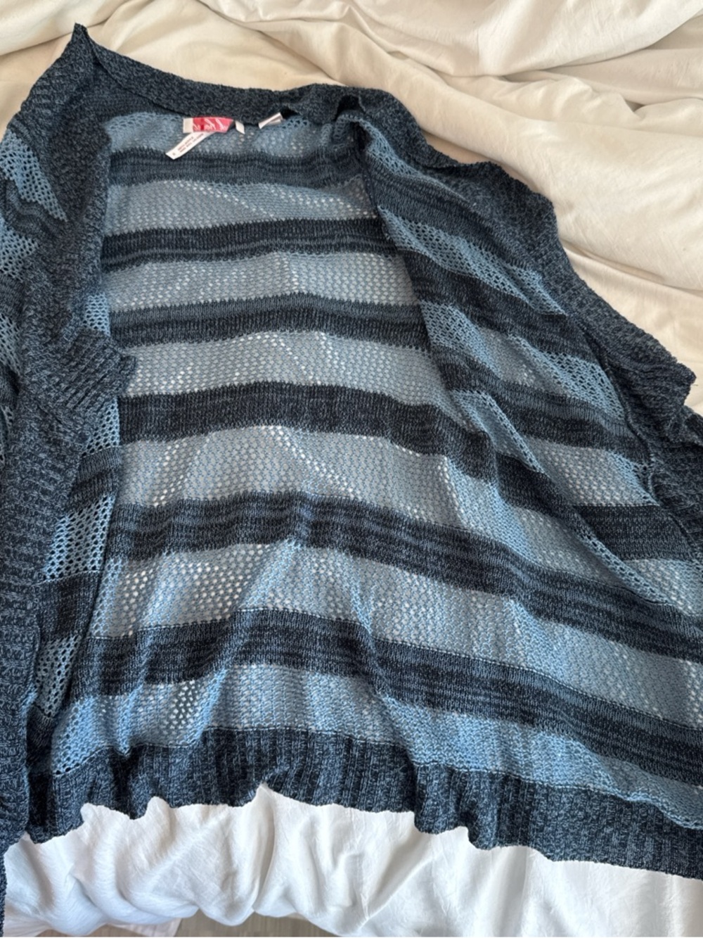Derek Heart Blue and Charcoal Striped Open-Knit Cardigan
